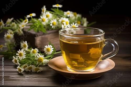 A warm cup of herbal chamomile mint tea amidst nature's bounty of fresh flowers and leaves