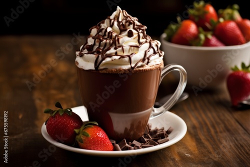 A close-up shot of a decadent chocolate and strawberry coffee drink garnished with frothy whipped cream
