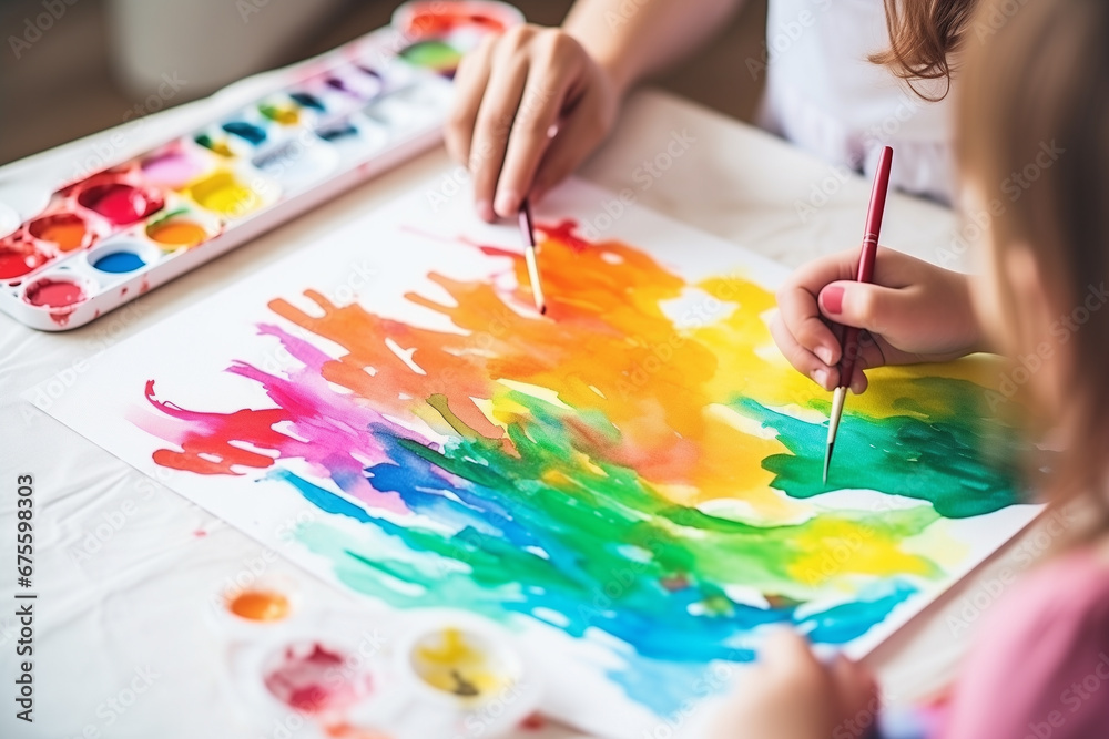 Mom teaches her child to draw. First drawing. Childhood