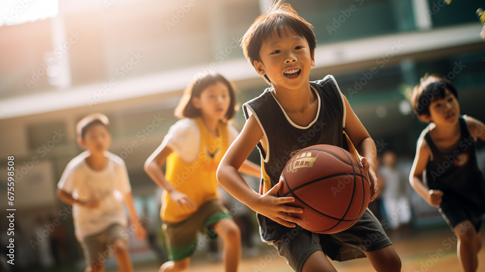 Elementary kids playing basketball on court. World basketball day concept - obrazy, fototapety, plakaty 