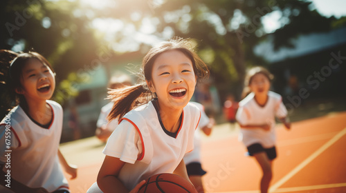 Elementary kids playing basketball on court. World basketball day concept