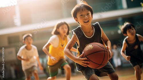 Elementary kids playing basketball on court. World basketball day concept photo