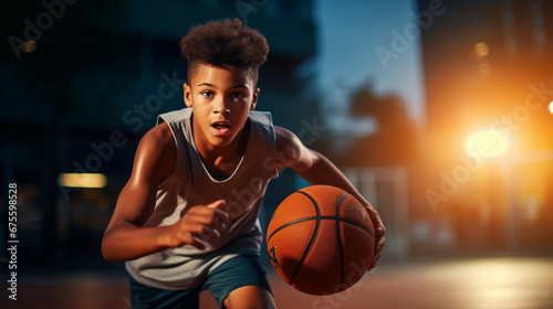 Young basketball player training on court. World basketball day concept © Tazzi Art