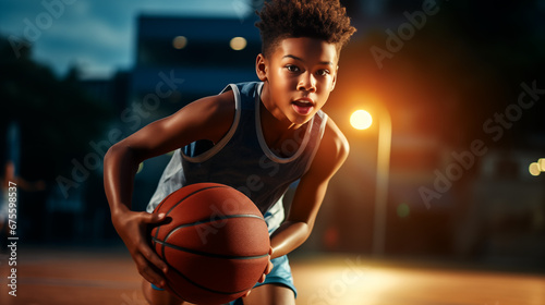 Young basketball player training on court. World basketball day concept