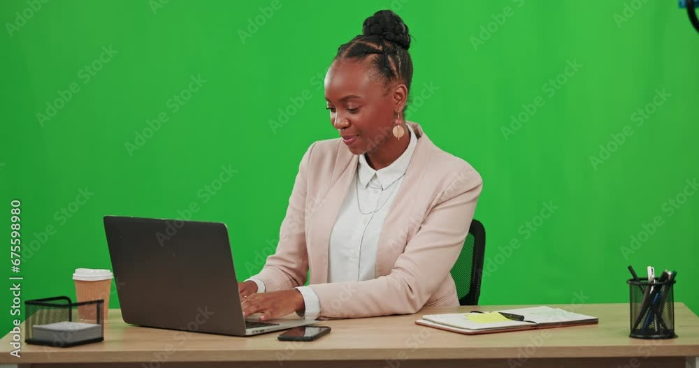 Laptop, typing and face of black woman on green screen in studio isolated on a background mockup. Portrait, computer and happiness of African professional, business person or entrepreneur with smile.