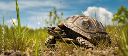 The gopher tortoise slowly wandered through the tall green grass enjoying the beauty of nature and the outdoor wildlife surrounding it photo