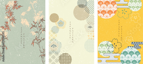 Abstract art landscape with Asian traditional background elements. Bamboo tree , birds, leaves, cloud and bonsai decorations with hand drawn line wave and Japanese cloud in vintage style. 