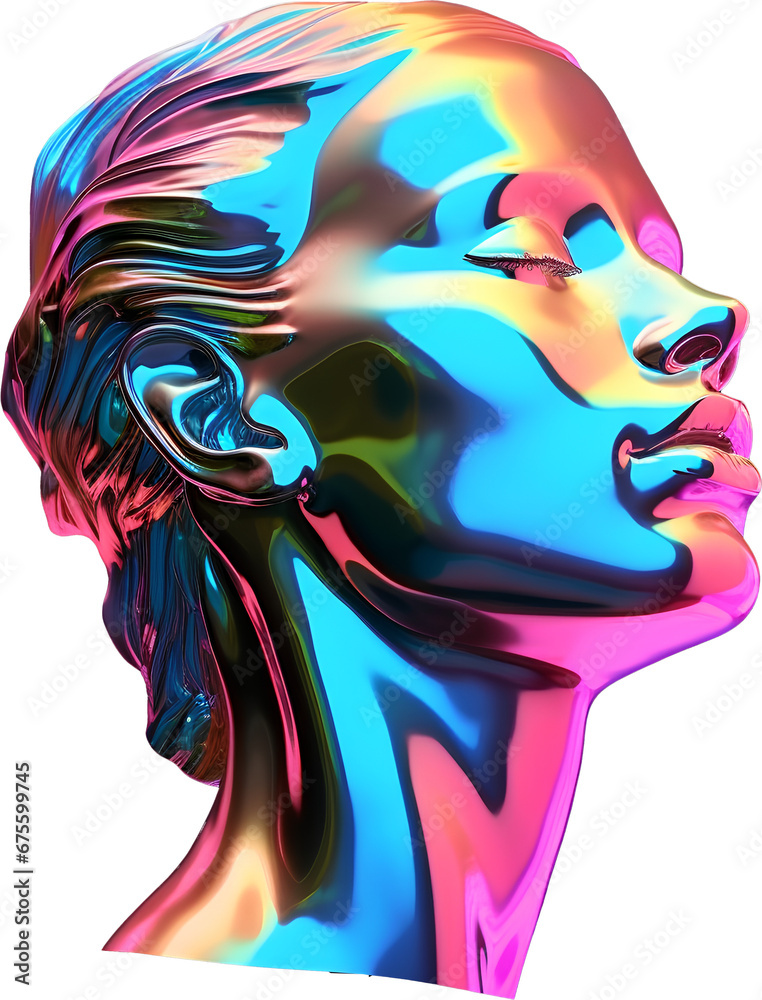 Abstract 3d sculpture holographic art futuristic design PNG, with transparent background. Statue with liquid metallic texture without background.