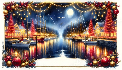 Christmas and New Year greeting card with a view of the port  houses  boats  and garlands.