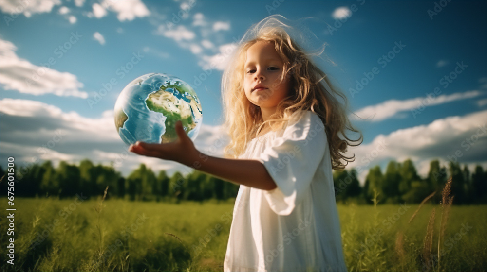 a little girl hold a realistic earth globe in the green meadow with blue sky background, long shot view, low angle view, long blonde hair, white long dress, dreamy morning light a little girl hold a realistic earth globe in the green meadow with blue sky background, long shot view, low angle view, long blonde hair, white long dress, dreamy morning light
