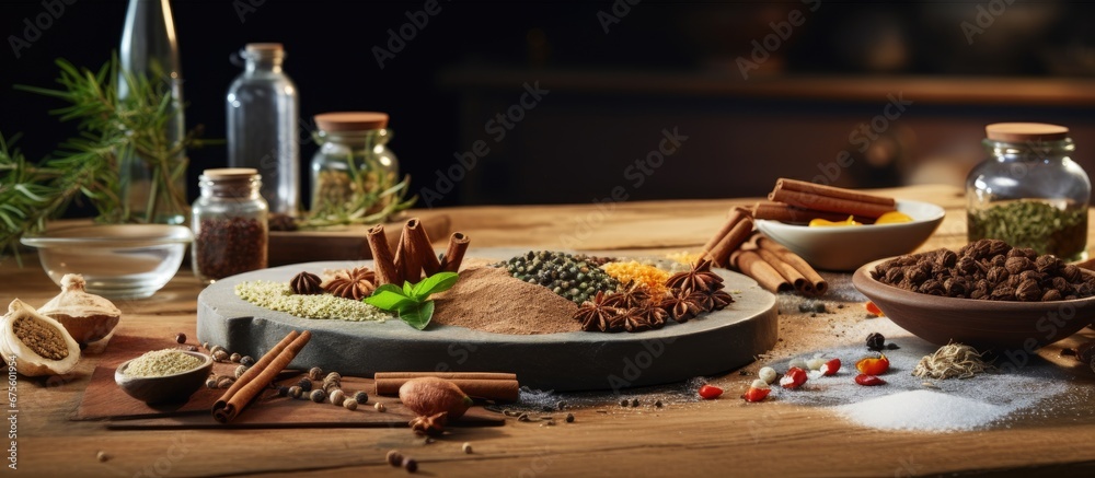 In a loft kitchen with a wood background and concrete countertops I carefully prepare a healthy and organic meal using natural ingredients like cinnamon and sesame seeds garnishing the dish 