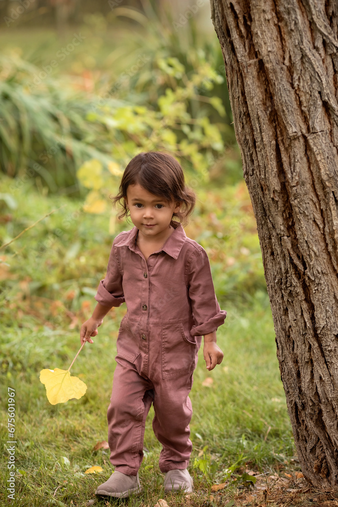 Happy toddler girl walking at nature in the fall, candid childhood and autumn season concept Happy toddler girl walking at nature in the fall, candid childhood and autumn season concept