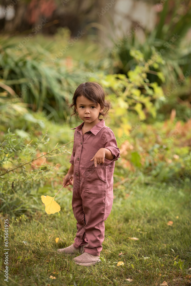 Little toddler girl standing in nature in fall season, lifestyle portrait and childhood memories concept Little toddler girl standing in nature in fall season, lifestyle portrait and childhood memories concept