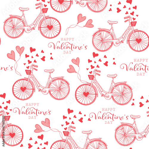 Seamless Pattern of Valentine's Day Bicycle with Happy Valentine's day wordings and Hearth Balloons- Valentine's Vector Design  