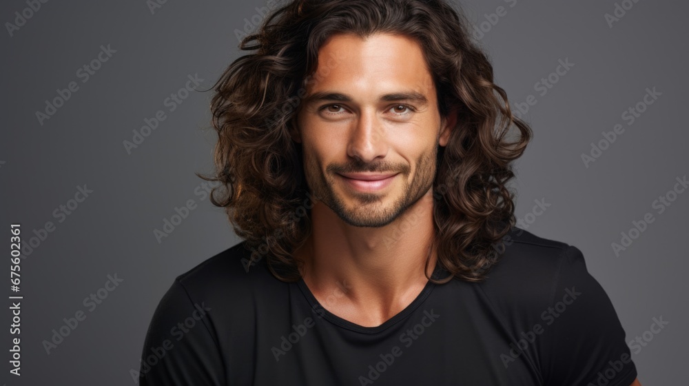Portrait of handsome latino man with long curly hair. Portrait of handsome latino man with long curly hair.