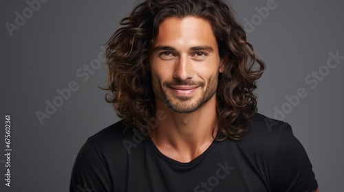 Portrait of handsome latino man with long curly hair. photo