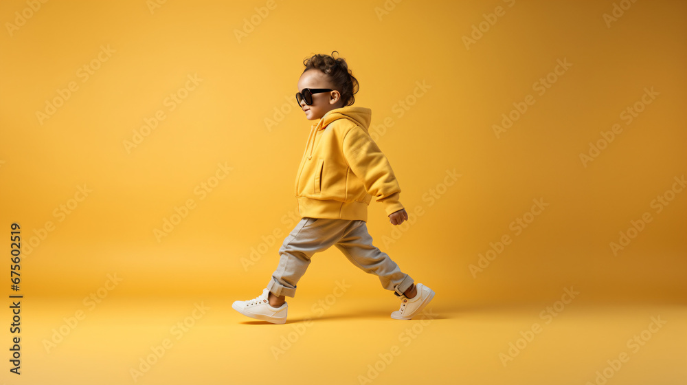 黄色の背景にサングラスをかけて黄色のパーカーを着ている男の子が歩いている写真