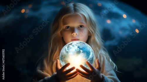 a little girl hold a realistic earth globe in the night sky background, long shot view, low angle view, long blonde hair, white long dress, dreamy light
