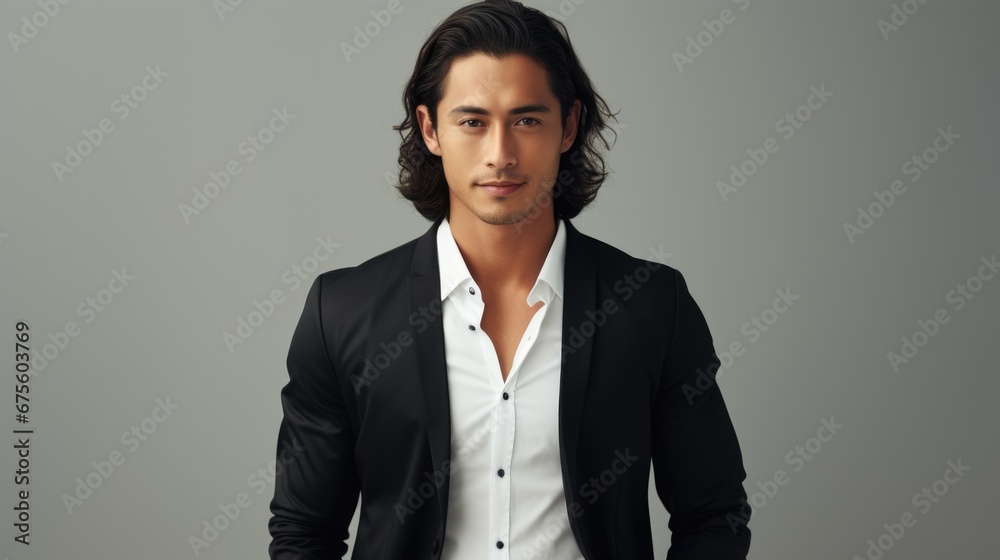 Asian groomed man in black suit and white shirt on light background - obrazy, fototapety, plakaty 