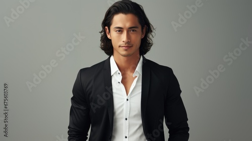 Asian groomed man in black suit and white shirt on light background