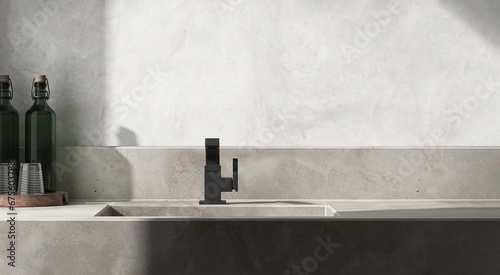 Modern, minimal gray concrete outdoor bathroom vanity countertop, washbasin, splashback, glass, water bottle in sunlight, shadow on white polished cement wall for product background 3D