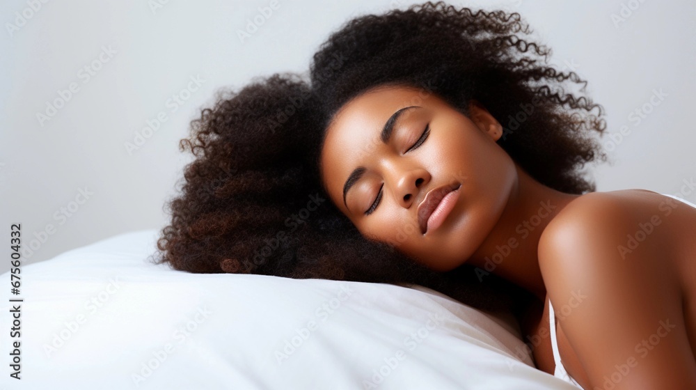 Portrait of a black female sleeps tight against white background with space for text, AI generated, background image Portrait of a black female sleeps tight against white background with space for text, AI generated, background image