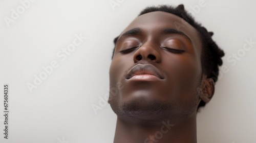 Portrait of a black male sleeps tight against white background with space for text, AI generated, background image