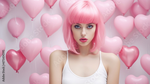 Blonde model woman with pink heart balloons