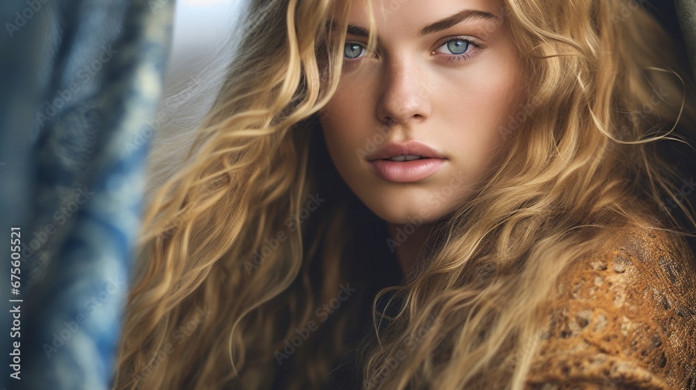 Stunning woman with beautiful long hair lookin into camera Stunning woman with beautiful long hair lookin into camera