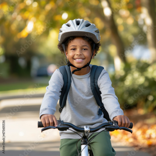 African American boy riding bicycle.
