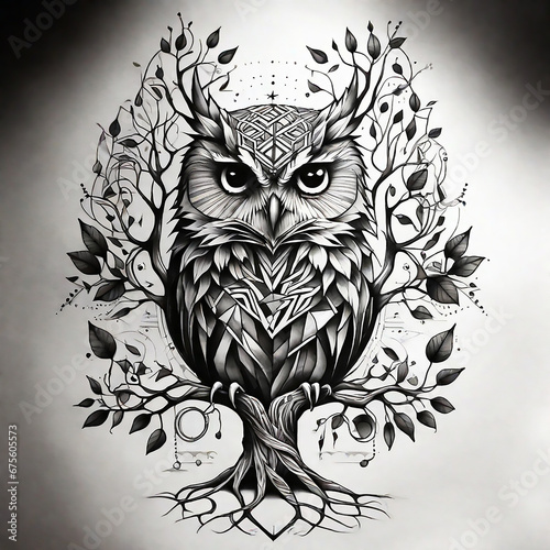 Geometric black and white Tattoo scketch of a tree of knolegde owl with roots under photo