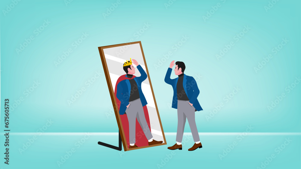 Illustration of a businessman looking in the mirror with the image of himself being a king suitable for describing leadership, confident, know yourself - obrazy, fototapety, plakaty 