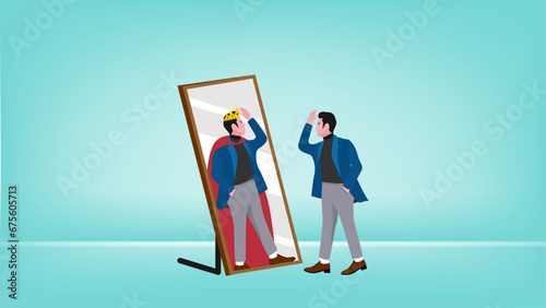 Illustration of a businessman looking in the mirror with the image of himself being a king suitable for describing leadership, confident, know yourself