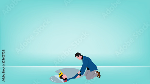 Illustration of a businessman looking in the water with the image of himself being a king suitable for describing leadership, confident, know yourself
