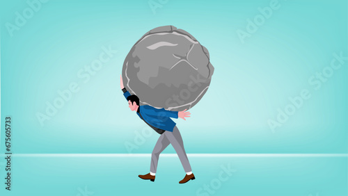 Illustration of a businessman lifting a large stone suitable for describing responsibility, burden, very big problem, too much work load