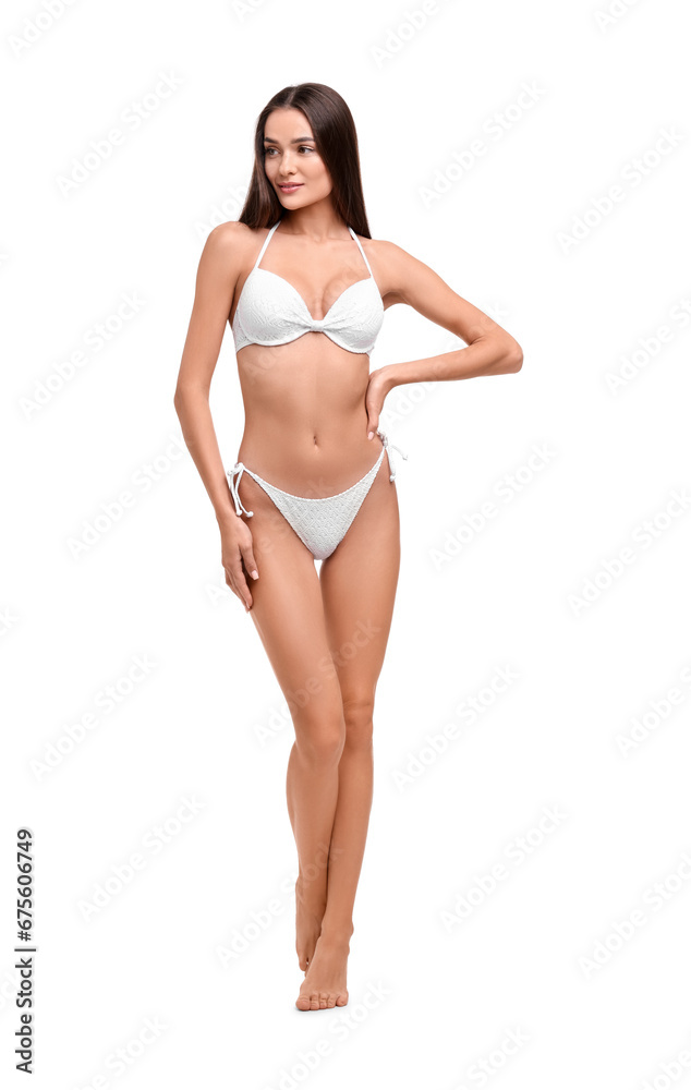Young woman in stylish bikini isolated on white Young woman in stylish bikini isolated on white