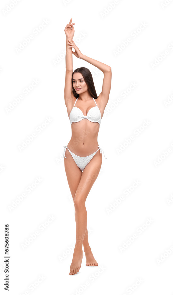 Young woman in stylish bikini isolated on white Young woman in stylish bikini isolated on white