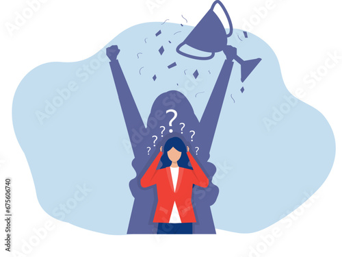Imposter syndrome.shadow woman standing for her present profile take award with Anxiety and lack of self confidence at work; the person fakes is someone else concept