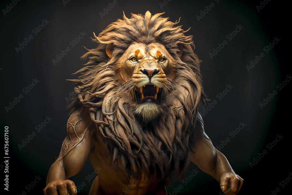 Portrait of a lion has muscles as muscular as a bodybuilder. Training, Bulking Up, Strength Training, Workout and Exercise Concepts - obrazy, fototapety, plakaty 