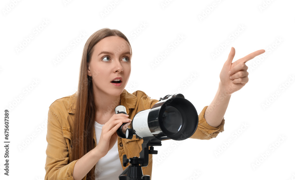 Surprised astronomer with telescope pointing at something on white background Surprised astronomer with telescope pointing at something on white background