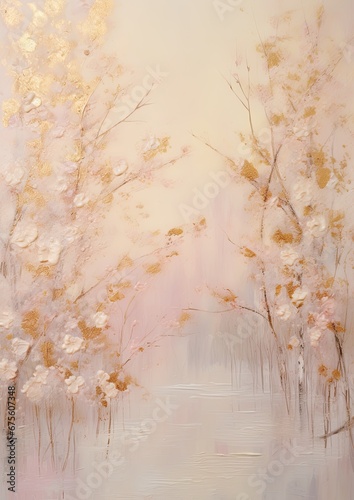 a painting of white birch trees with silver leaves, in the style of light pink and light gold,