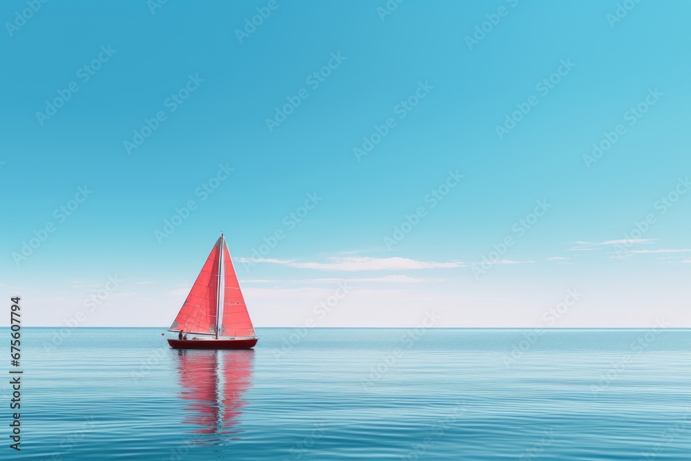 a red sailboat on the clear blue sea. 