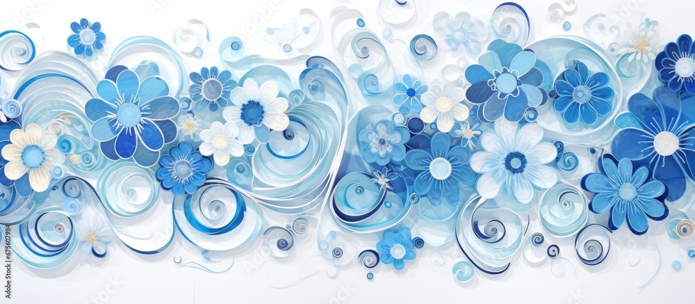 The abstract design of the art piece features a ribbon intertwined with symbols of love and light creating captivating patterns within a circular motif The line work in shades of blue adds d The abstract design of the art piece features a ribbon intertwined with symbols of love and light creating captivating patterns within a circular motif The line work in shades of blue adds d