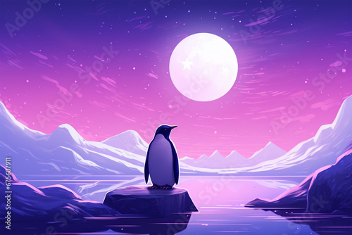 a penguin,
winter landscape