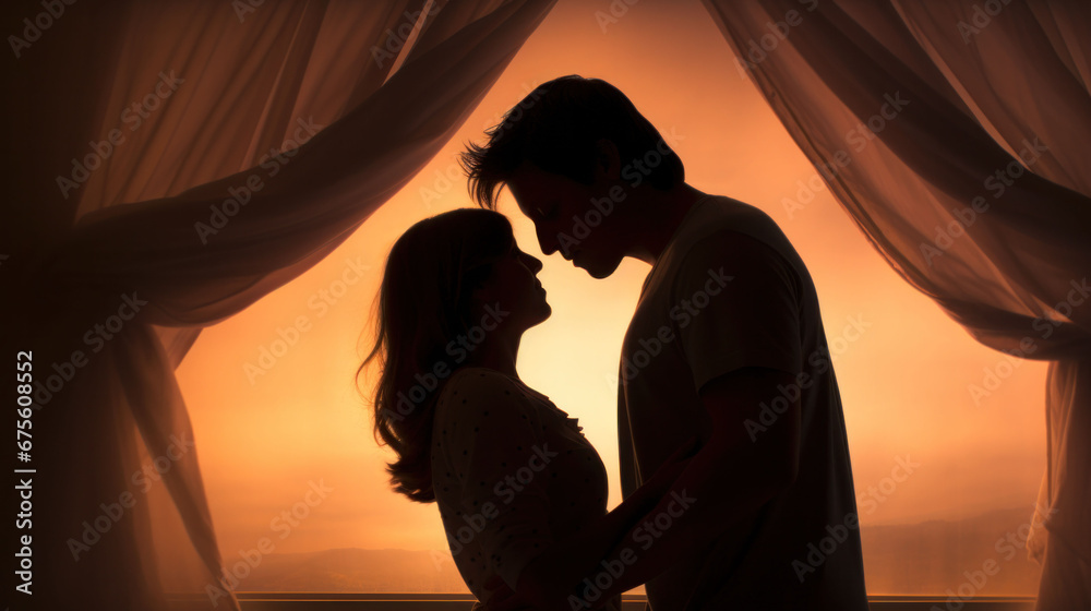 Silhouette of a couple in an embrace, with the warm hues of sunset filtering through curtains.