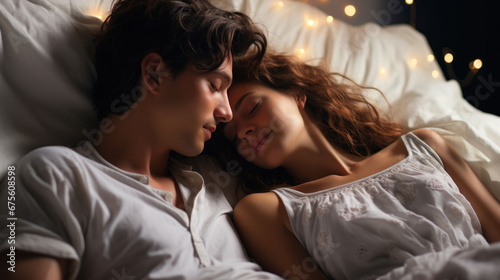 Peaceful couple sleeping together in a cozy bed adorned with twinkling lights, intimate and serene.