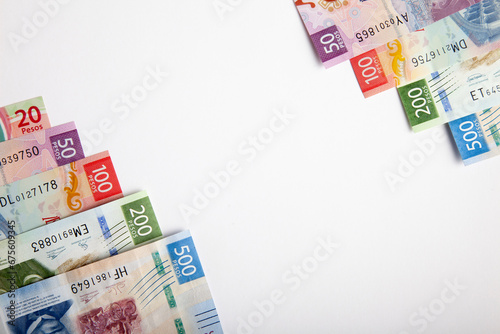 new bank notes of mexican peso background. 20, 50, 100, 200, 500 pesos	