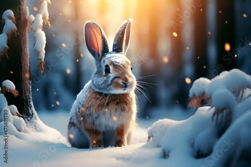 Cute winter hare, rabbit, bunny in snowy forest photo