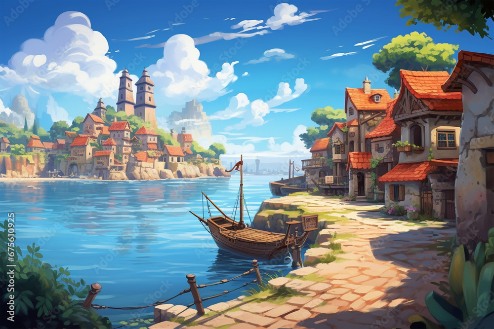 illustration of a view of a fantasy water village