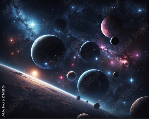 Planets with dark colors and surrounded by bright light and space filled with starlight